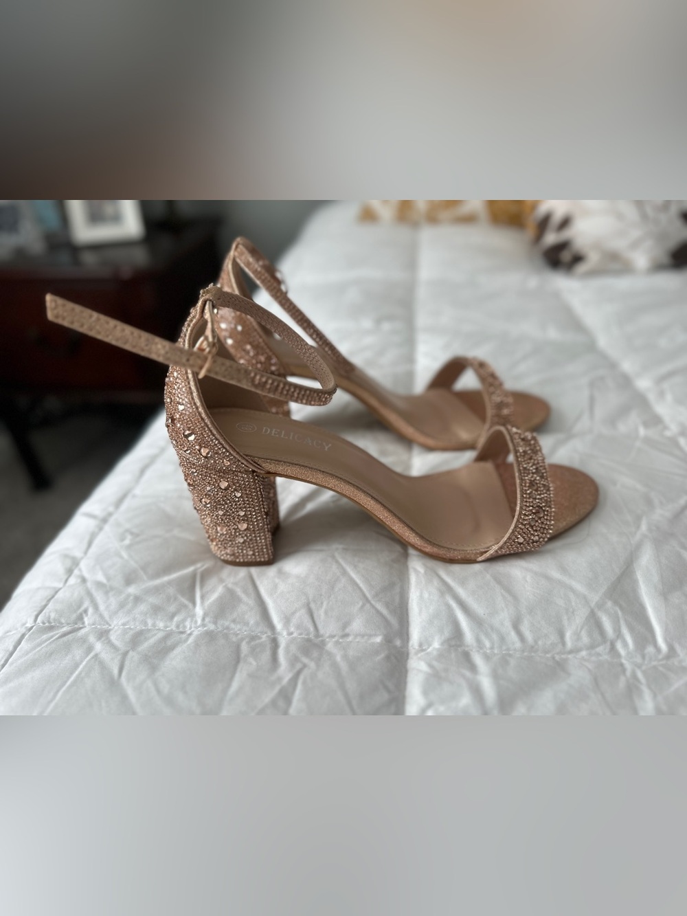 Delicacy Women's Rose Gold Crystal Block Heel Sandals